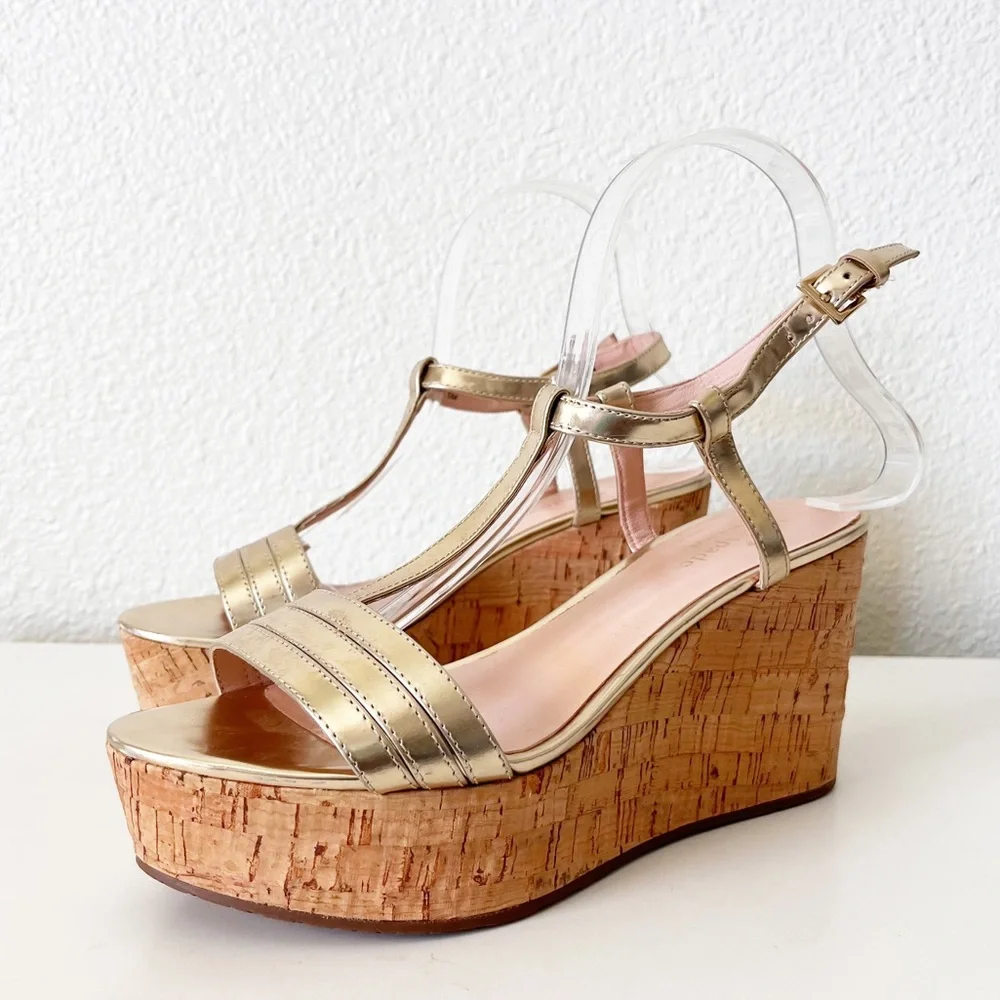 Kate Spade Tallin Metallic Gold Cork Wedges Size 7.5